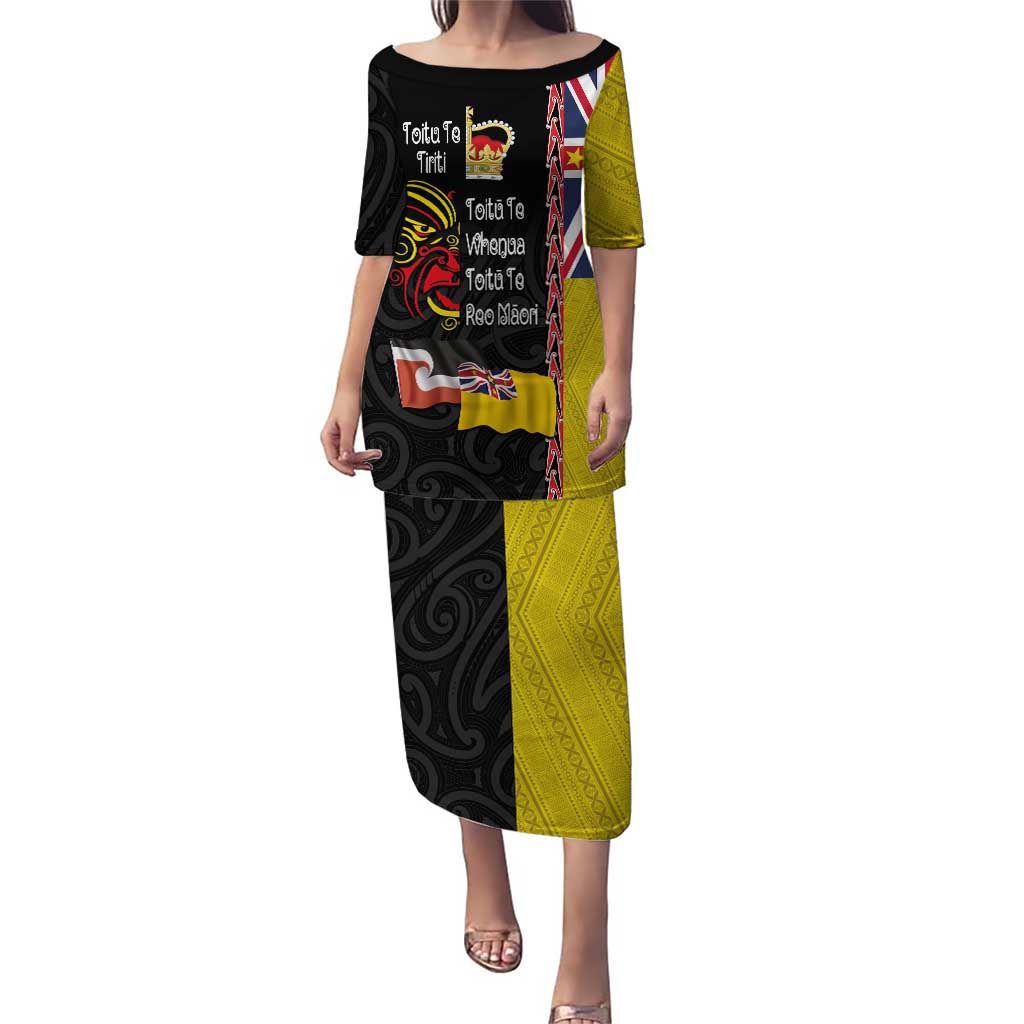 Aotearoa and Niue Toitu Te Tiriti Puletasi Honour the Treaty - Fight Together Stand Together LT03 Long Dress Black - Polynesian Pride