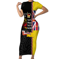 Aotearoa and Niue Toitu Te Tiriti Short Sleeve Bodycon Dress Honour the Treaty - Fight Together Stand Together LT03 Long Dress Black - Polynesian Pride