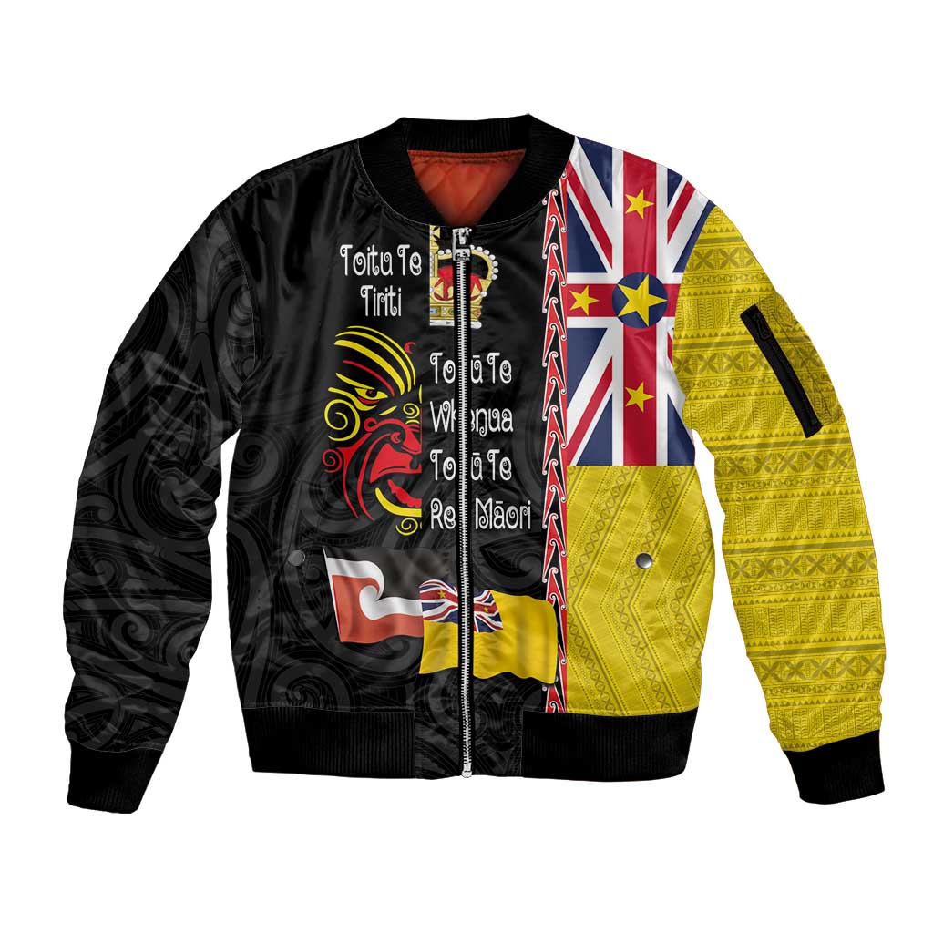 Aotearoa and Niue Toitu Te Tiriti Sleeve Zip Bomber Jacket Honour the Treaty - Fight Together Stand Together LT03 Unisex Black - Polynesian Pride