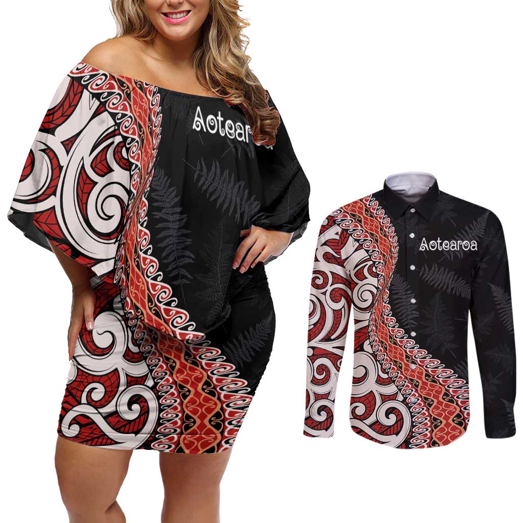 Aotearoa Maori Stylized Koru - Silver Ferns Couples Matching Off Shoulder Short Dress and Long Sleeve Button Shirt LT03 Red - Polynesian Pride