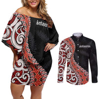 Aotearoa Maori Stylized Koru - Silver Ferns Couples Matching Off Shoulder Short Dress and Long Sleeve Button Shirt LT03 Red - Polynesian Pride