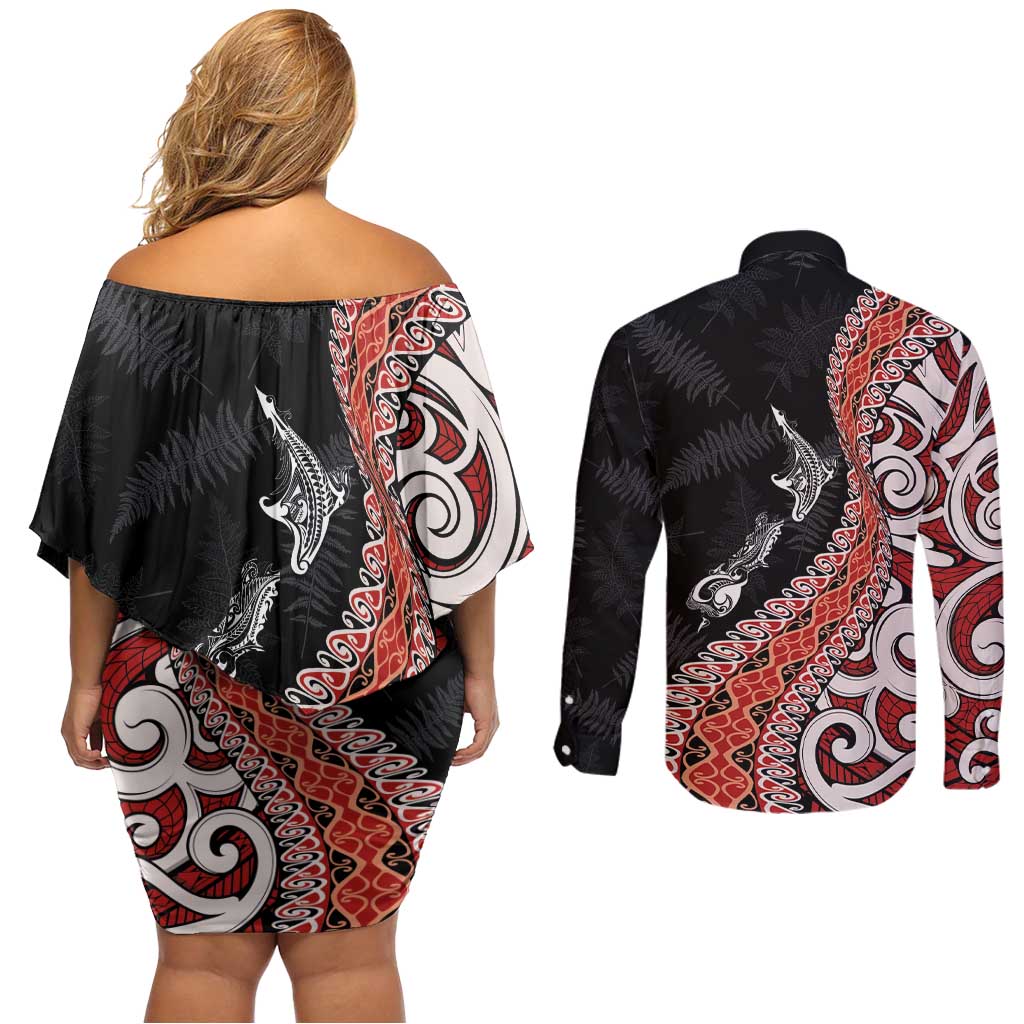 Aotearoa Maori Stylized Koru - Silver Ferns Couples Matching Off Shoulder Short Dress and Long Sleeve Button Shirt LT03 - Polynesian Pride