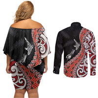 Aotearoa Maori Stylized Koru - Silver Ferns Couples Matching Off Shoulder Short Dress and Long Sleeve Button Shirt LT03 - Polynesian Pride