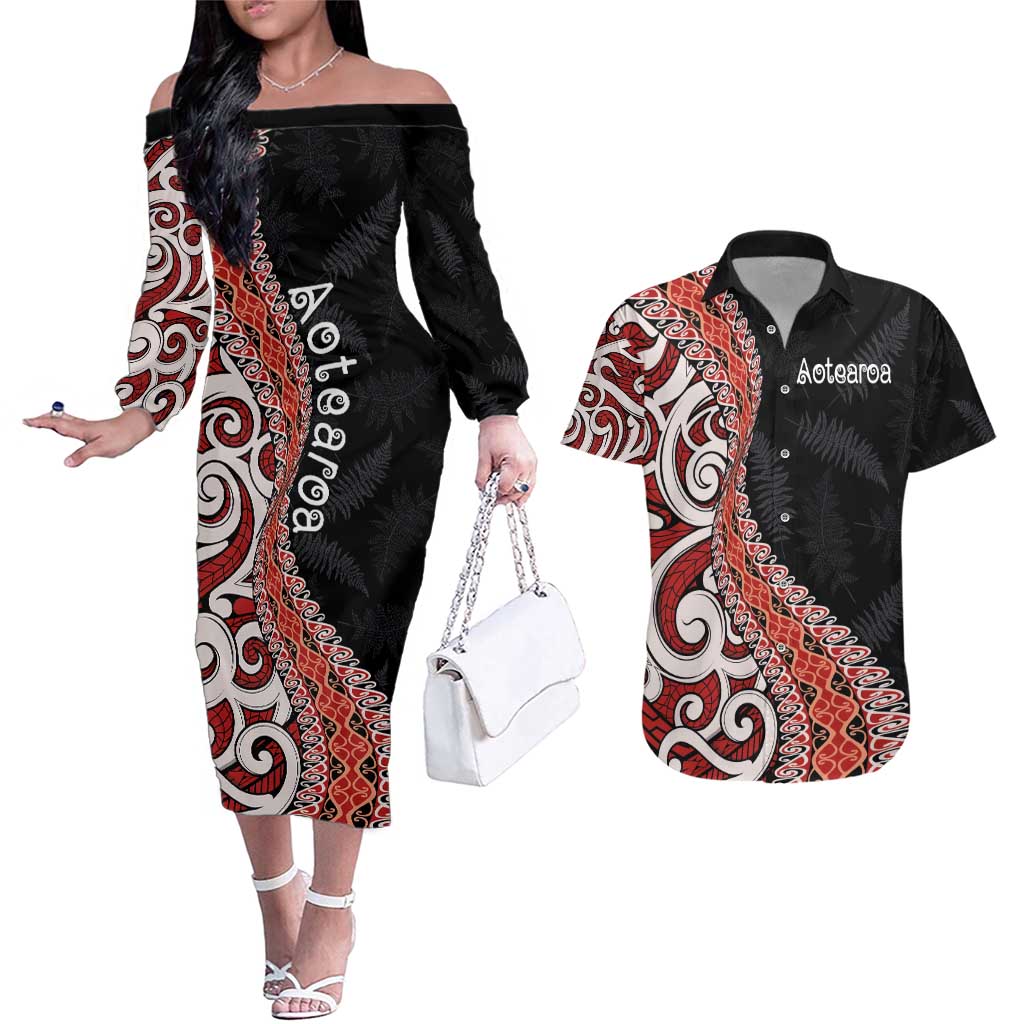 Aotearoa Maori Stylized Koru - Silver Ferns Couples Matching Off The Shoulder Long Sleeve Dress and Hawaiian Shirt LT03 Red - Polynesian Pride