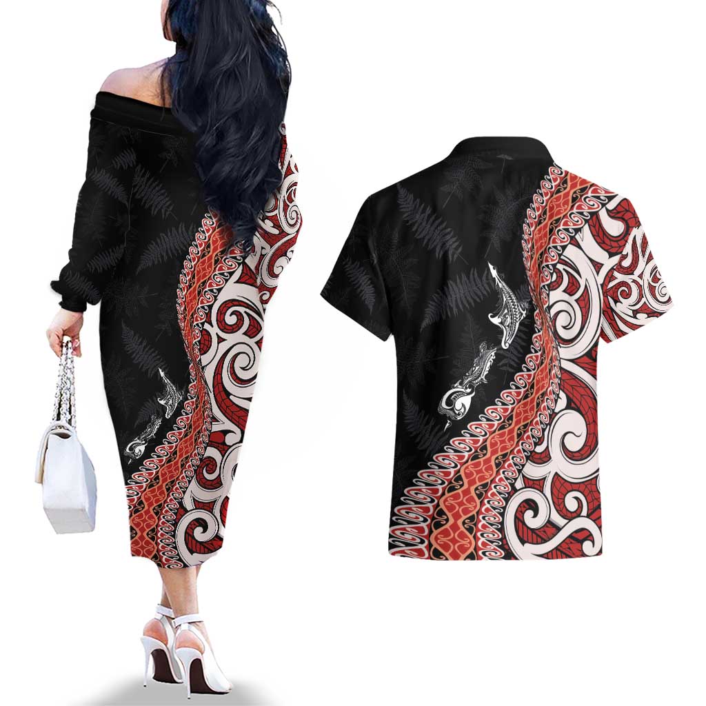 Aotearoa Maori Stylized Koru - Silver Ferns Couples Matching Off The Shoulder Long Sleeve Dress and Hawaiian Shirt LT03 - Polynesian Pride