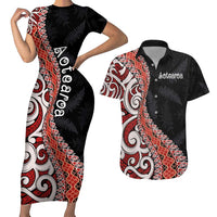Aotearoa Maori Stylized Koru - Silver Ferns Couples Matching Short Sleeve Bodycon Dress and Hawaiian Shirt LT03 Red - Polynesian Pride