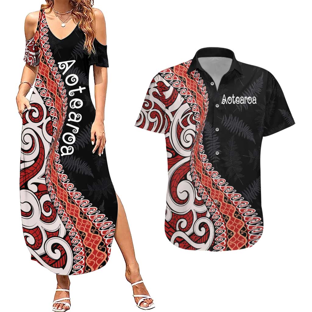 Aotearoa Maori Stylized Koru - Silver Ferns Couples Matching Summer Maxi Dress and Hawaiian Shirt LT03 Red - Polynesian Pride