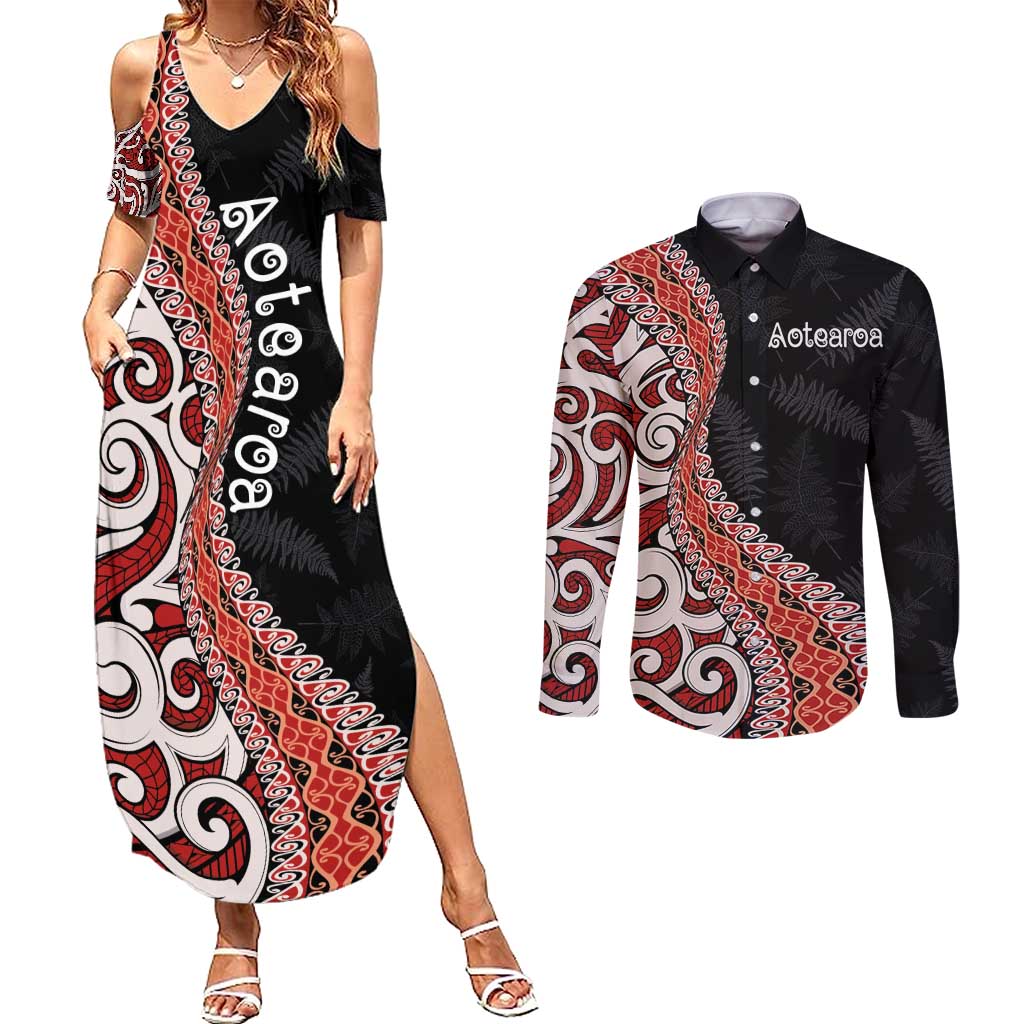 Aotearoa Maori Stylized Koru - Silver Ferns Couples Matching Summer Maxi Dress and Long Sleeve Button Shirt LT03 Red - Polynesian Pride
