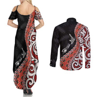 Aotearoa Maori Stylized Koru - Silver Ferns Couples Matching Summer Maxi Dress and Long Sleeve Button Shirt LT03 - Polynesian Pride