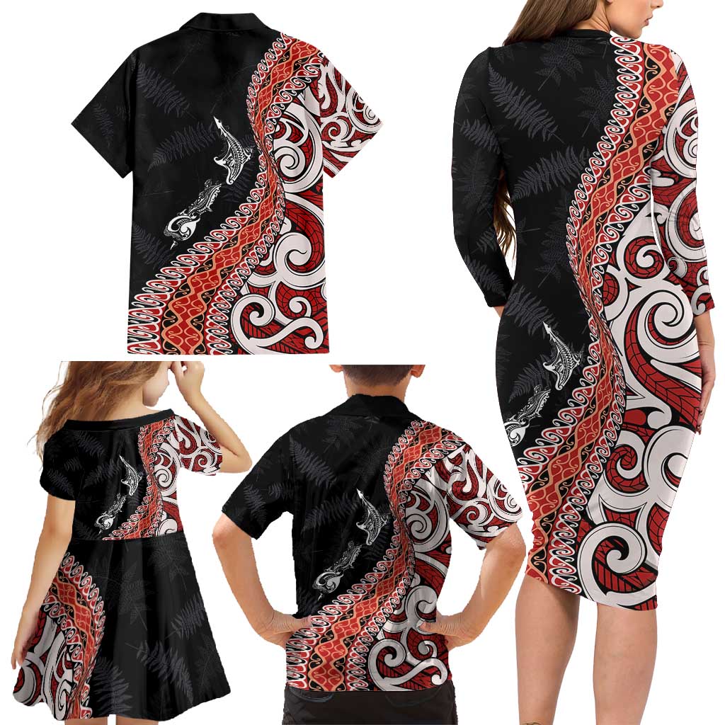 Aotearoa Maori Stylized Koru - Silver Ferns Family Matching Long Sleeve Bodycon Dress and Hawaiian Shirt LT03 - Polynesian Pride