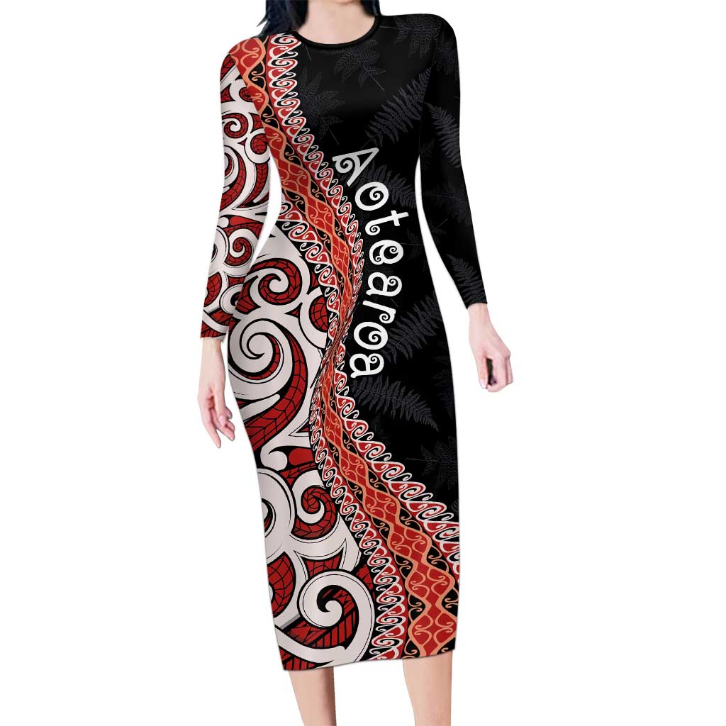 Aotearoa Maori Stylized Koru - Silver Ferns Family Matching Long Sleeve Bodycon Dress and Hawaiian Shirt LT03 Mom's Dress Red - Polynesian Pride