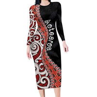 Aotearoa Maori Stylized Koru - Silver Ferns Family Matching Long Sleeve Bodycon Dress and Hawaiian Shirt LT03 Mom's Dress Red - Polynesian Pride