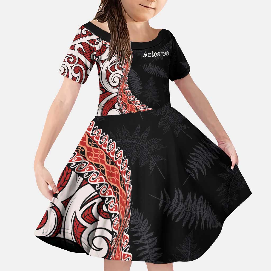 Aotearoa Maori Stylized Koru - Silver Ferns Family Matching Mermaid Dress and Hawaiian Shirt LT03 Daughter's Dress Red - Polynesian Pride