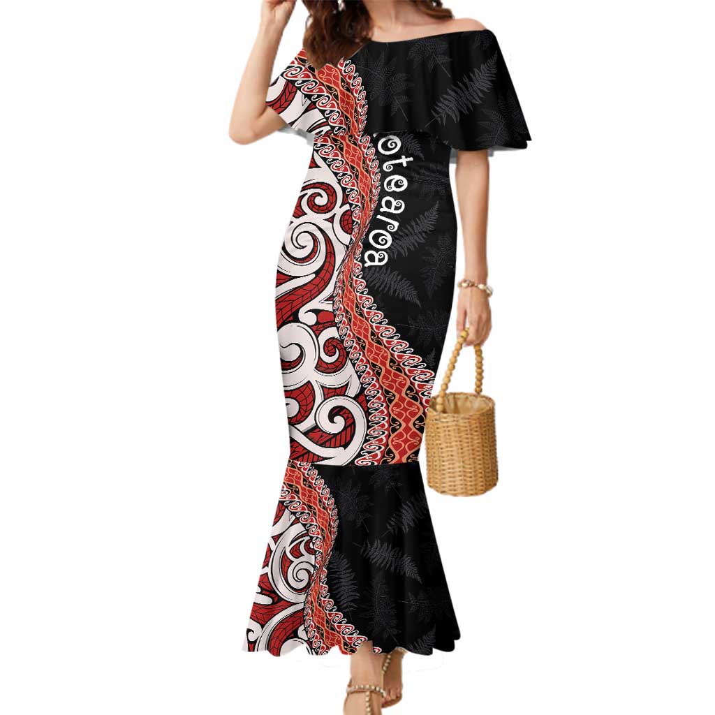 Aotearoa Maori Stylized Koru - Silver Ferns Family Matching Mermaid Dress and Hawaiian Shirt LT03 Mom's Dress Red - Polynesian Pride
