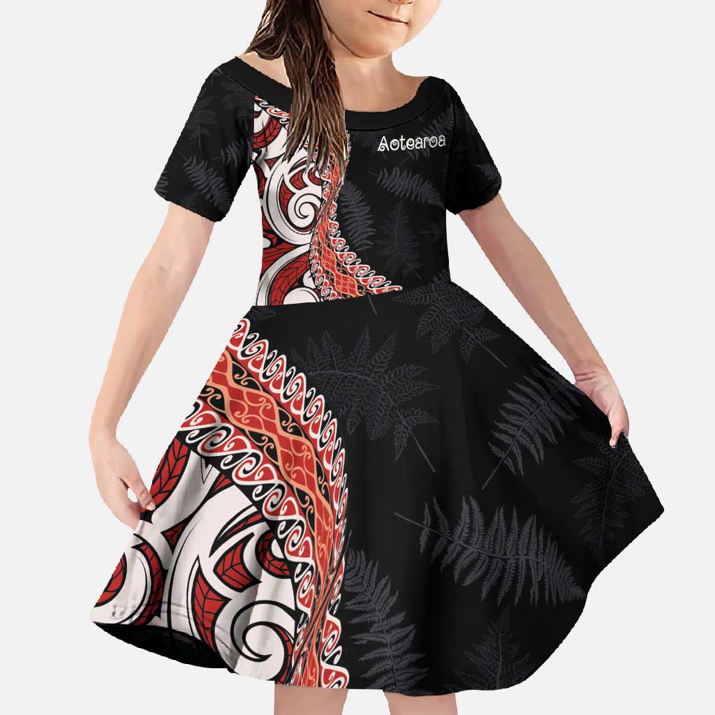 Aotearoa Maori Stylized Koru - Silver Ferns Family Matching Off Shoulder Maxi Dress and Hawaiian Shirt LT03 Daughter's Dress Red - Polynesian Pride
