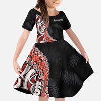 Aotearoa Maori Stylized Koru - Silver Ferns Family Matching Off Shoulder Maxi Dress and Hawaiian Shirt LT03 Daughter's Dress Red - Polynesian Pride