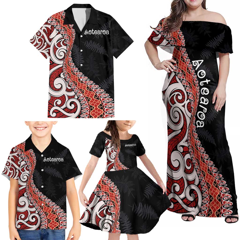 Aotearoa Maori Stylized Koru - Silver Ferns Family Matching Off Shoulder Maxi Dress and Hawaiian Shirt LT03 - Polynesian Pride