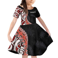 Aotearoa Maori Stylized Koru - Silver Ferns Family Matching Off Shoulder Short Dress and Hawaiian Shirt LT03 Daughter's Dress Red - Polynesian Pride