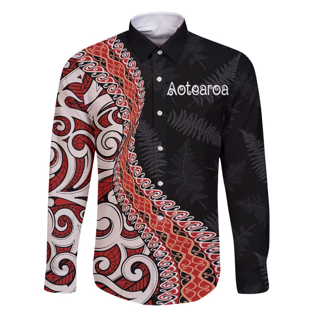 Aotearoa Maori Stylized Koru - Silver Ferns Family Matching Off Shoulder Short Dress and Hawaiian Shirt LT03 Dad's Shirt - Long Sleeve Red - Polynesian Pride