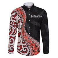 Aotearoa Maori Stylized Koru - Silver Ferns Family Matching Off Shoulder Short Dress and Hawaiian Shirt LT03 Dad's Shirt - Long Sleeve Red - Polynesian Pride