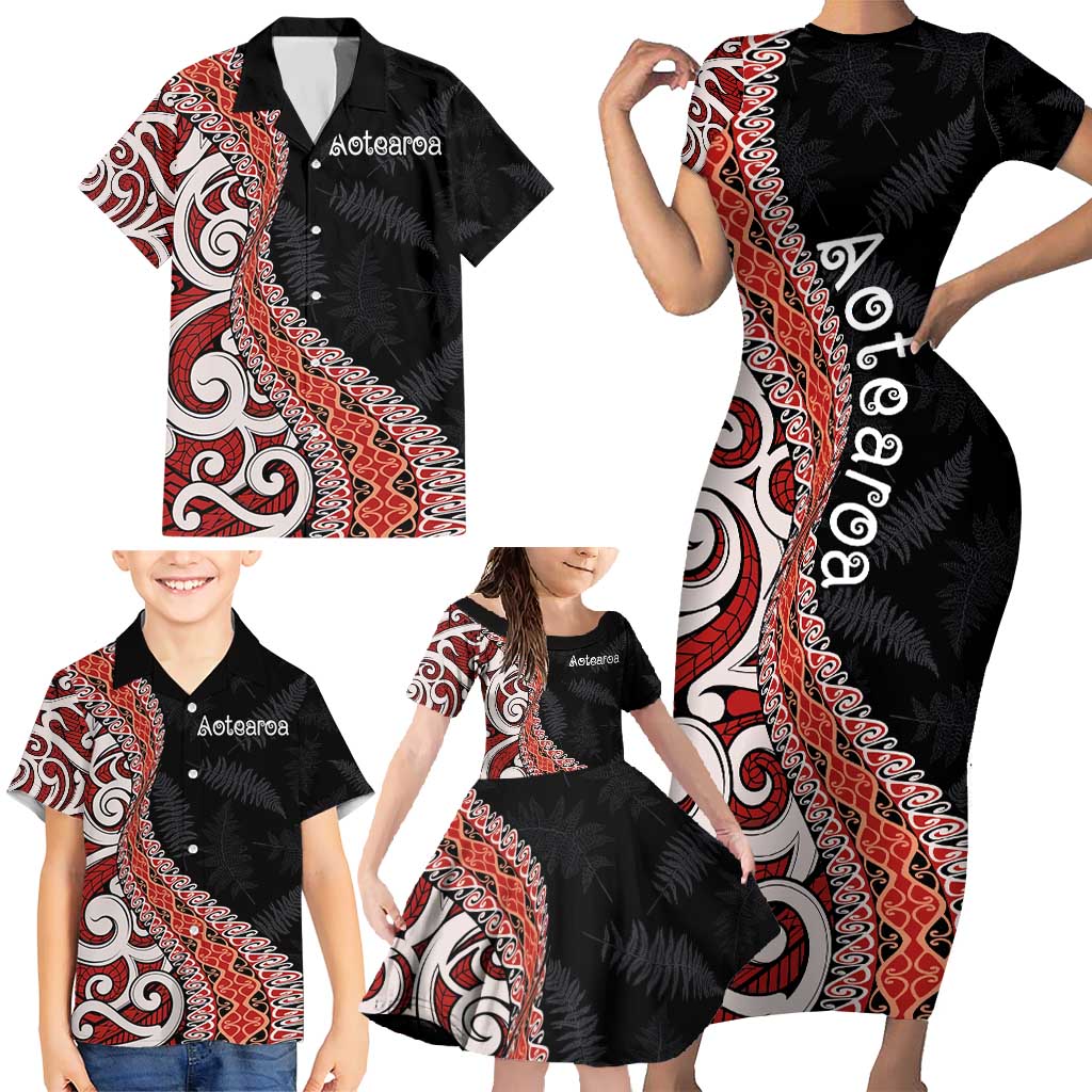 Aotearoa Maori Stylized Koru - Silver Ferns Family Matching Short Sleeve Bodycon Dress and Hawaiian Shirt LT03 - Polynesian Pride