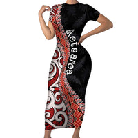 Aotearoa Maori Stylized Koru - Silver Ferns Family Matching Short Sleeve Bodycon Dress and Hawaiian Shirt LT03 Mom's Dress Red - Polynesian Pride