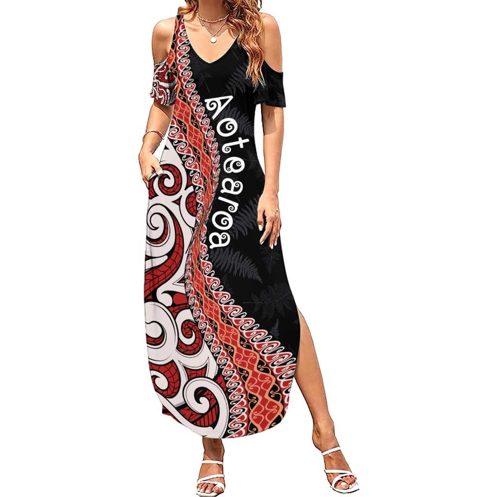 Aotearoa Maori Stylized Koru - Silver Ferns Family Matching Summer Maxi Dress and Hawaiian Shirt LT03 Mom's Dress Red - Polynesian Pride