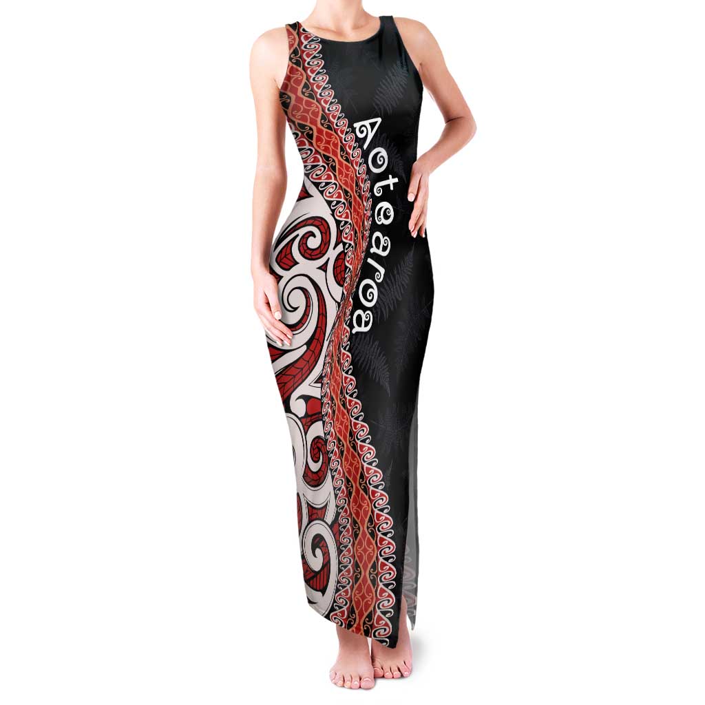 Aotearoa Maori Stylized Koru - Silver Ferns Family Matching Tank Maxi Dress and Hawaiian Shirt LT03 Mom's Dress Red - Polynesian Pride