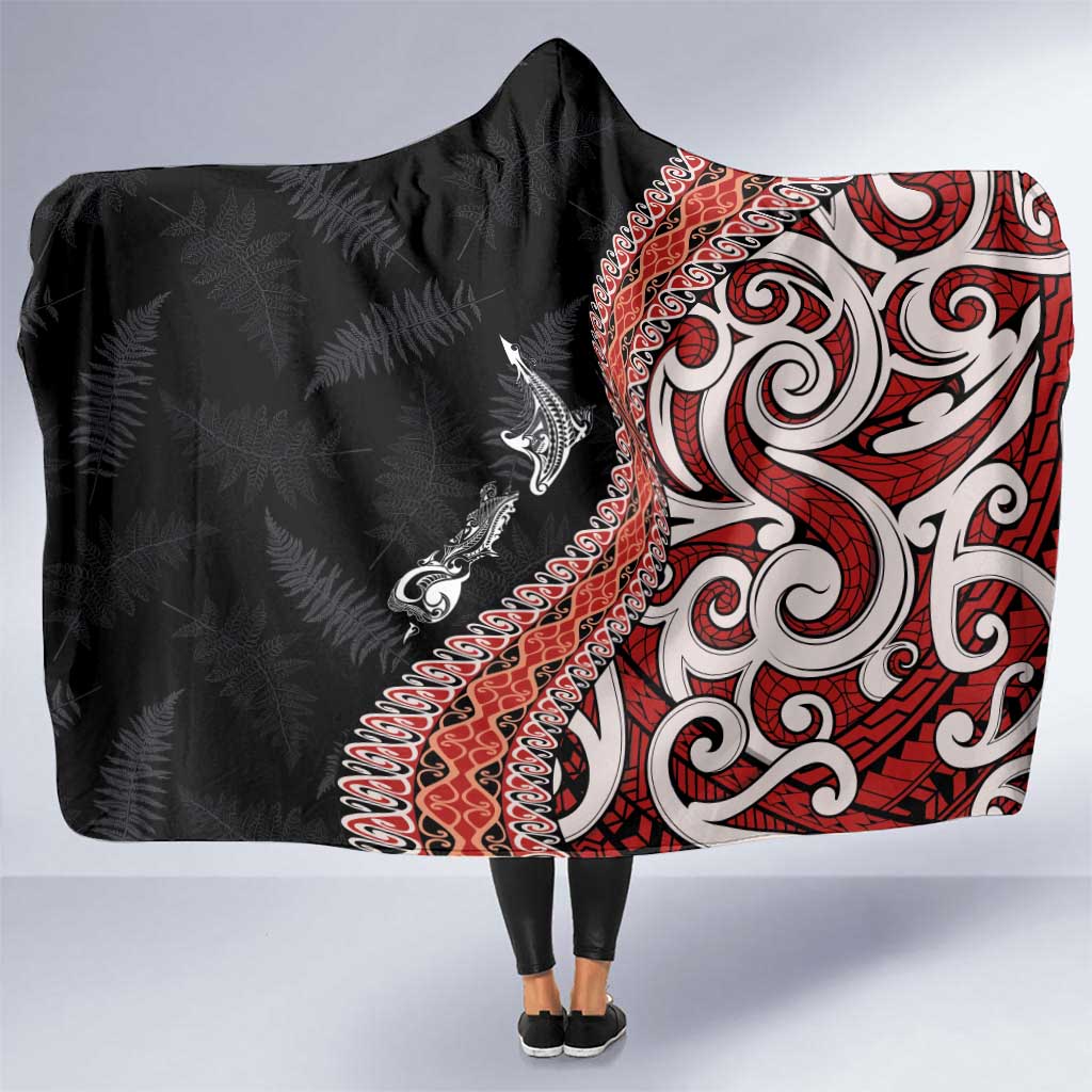 Aotearoa Maori Stylized Koru - Silver Ferns Hooded Blanket LT03 One Size Red - Polynesian Pride