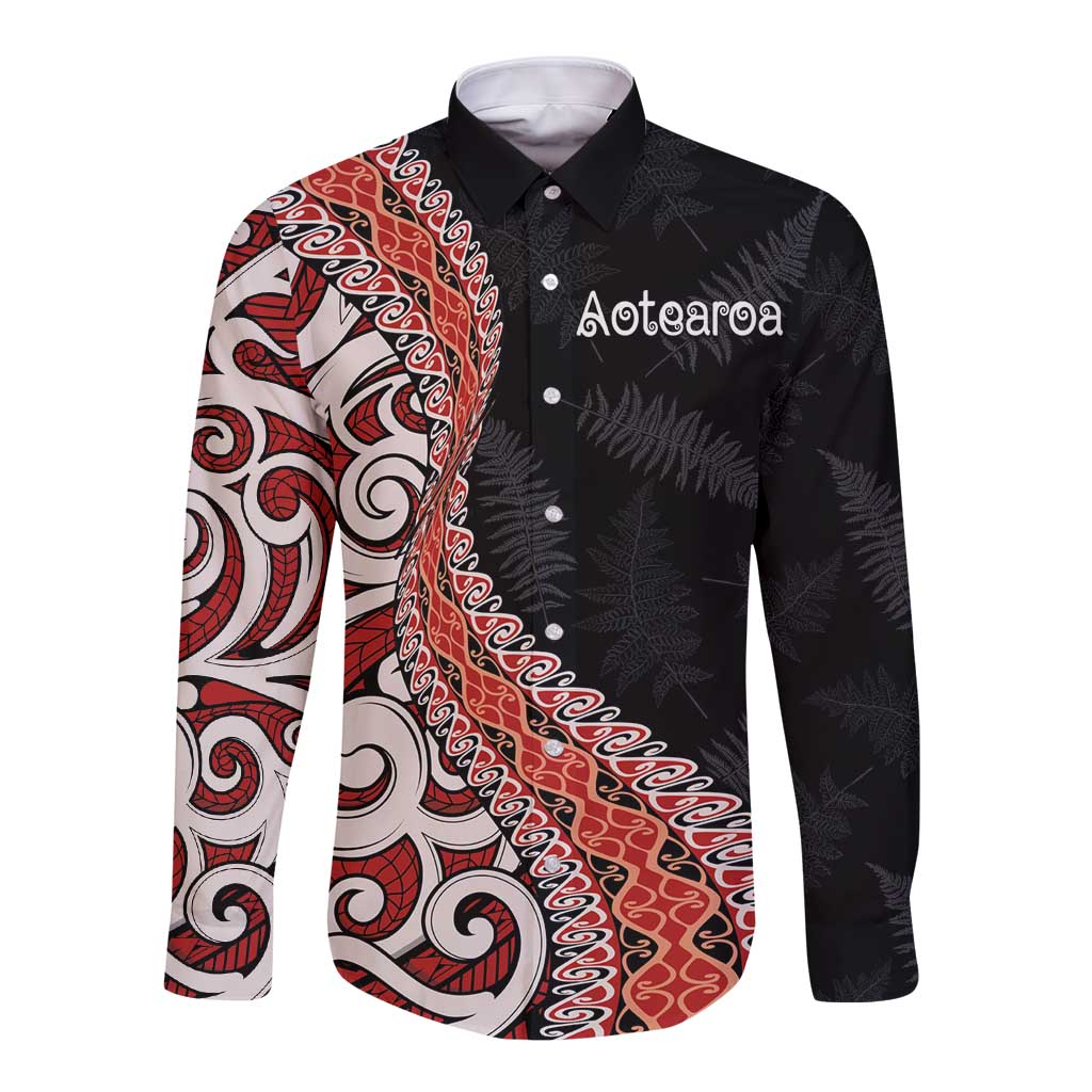 Aotearoa Maori Stylized Koru - Silver Ferns Long Sleeve Button Shirt LT03 Unisex Red - Polynesian Pride