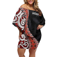 Aotearoa Maori Stylized Koru - Silver Ferns Off Shoulder Short Dress LT03 Women Red - Polynesian Pride