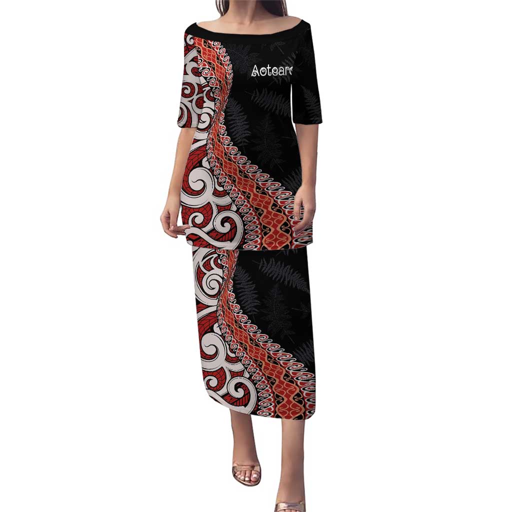 Aotearoa Maori Stylized Koru - Silver Ferns Puletasi LT03 Long Dress Red - Polynesian Pride