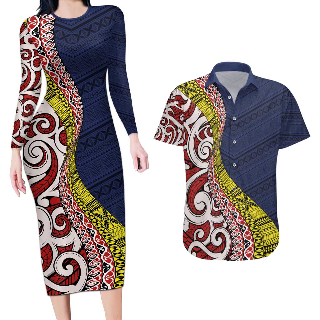 Aotearoa and Niue Couples Matching Long Sleeve Bodycon Dress and Hawaiian Shirt Hiapo Maori Stylized Koru LT03 Blue - Polynesian Pride