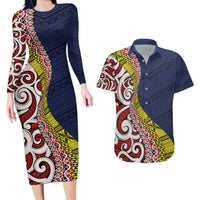 Aotearoa and Niue Couples Matching Long Sleeve Bodycon Dress and Hawaiian Shirt Hiapo Maori Stylized Koru LT03 Blue - Polynesian Pride