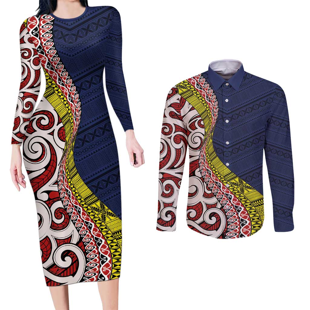 Aotearoa and Niue Couples Matching Long Sleeve Bodycon Dress and Long Sleeve Button Shirt Hiapo Maori Stylized Koru LT03 Blue - Polynesian Pride