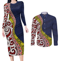 Aotearoa and Niue Couples Matching Long Sleeve Bodycon Dress and Long Sleeve Button Shirt Hiapo Maori Stylized Koru LT03 Blue - Polynesian Pride