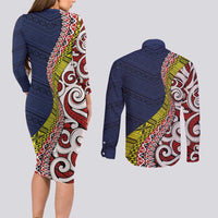 Aotearoa and Niue Couples Matching Long Sleeve Bodycon Dress and Long Sleeve Button Shirt Hiapo Maori Stylized Koru LT03 - Polynesian Pride