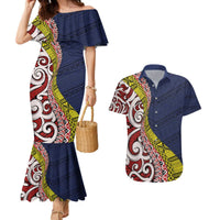 Aotearoa and Niue Couples Matching Mermaid Dress and Hawaiian Shirt Hiapo Maori Stylized Koru LT03 Blue - Polynesian Pride