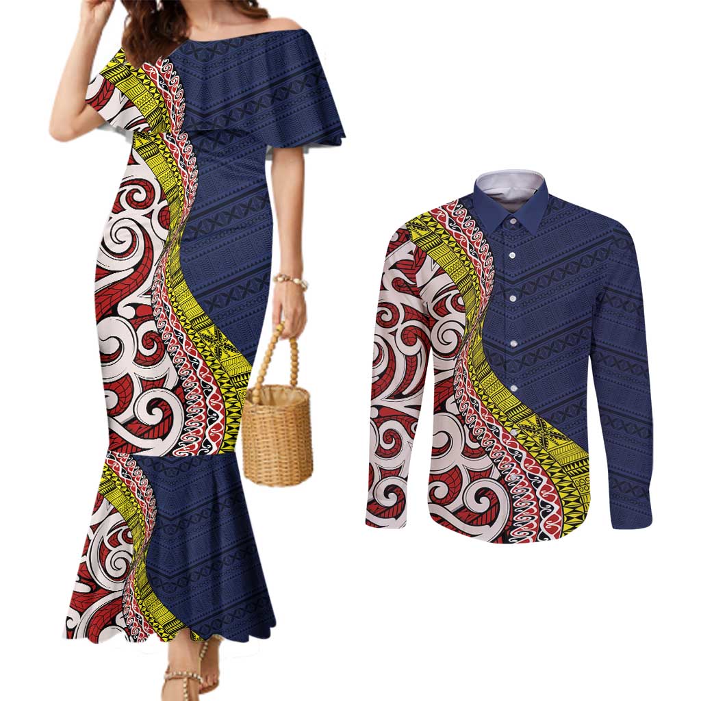 Aotearoa and Niue Couples Matching Mermaid Dress and Long Sleeve Button Shirt Hiapo Maori Stylized Koru LT03 Blue - Polynesian Pride