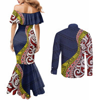 Aotearoa and Niue Couples Matching Mermaid Dress and Long Sleeve Button Shirt Hiapo Maori Stylized Koru LT03 - Polynesian Pride