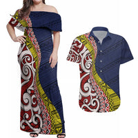 Aotearoa and Niue Couples Matching Off Shoulder Maxi Dress and Hawaiian Shirt Hiapo Maori Stylized Koru LT03 Blue - Polynesian Pride