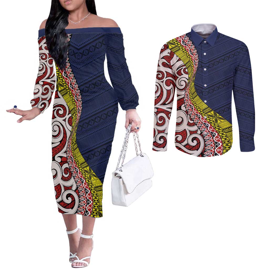 Aotearoa and Niue Couples Matching Off The Shoulder Long Sleeve Dress and Long Sleeve Button Shirt Hiapo Maori Stylized Koru LT03 Blue - Polynesian Pride