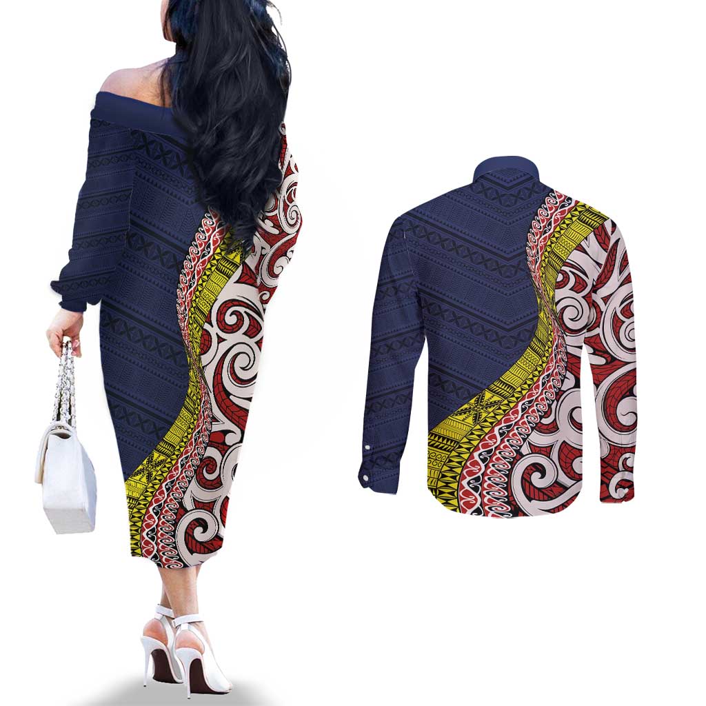 Aotearoa and Niue Couples Matching Off The Shoulder Long Sleeve Dress and Long Sleeve Button Shirt Hiapo Maori Stylized Koru LT03 - Polynesian Pride