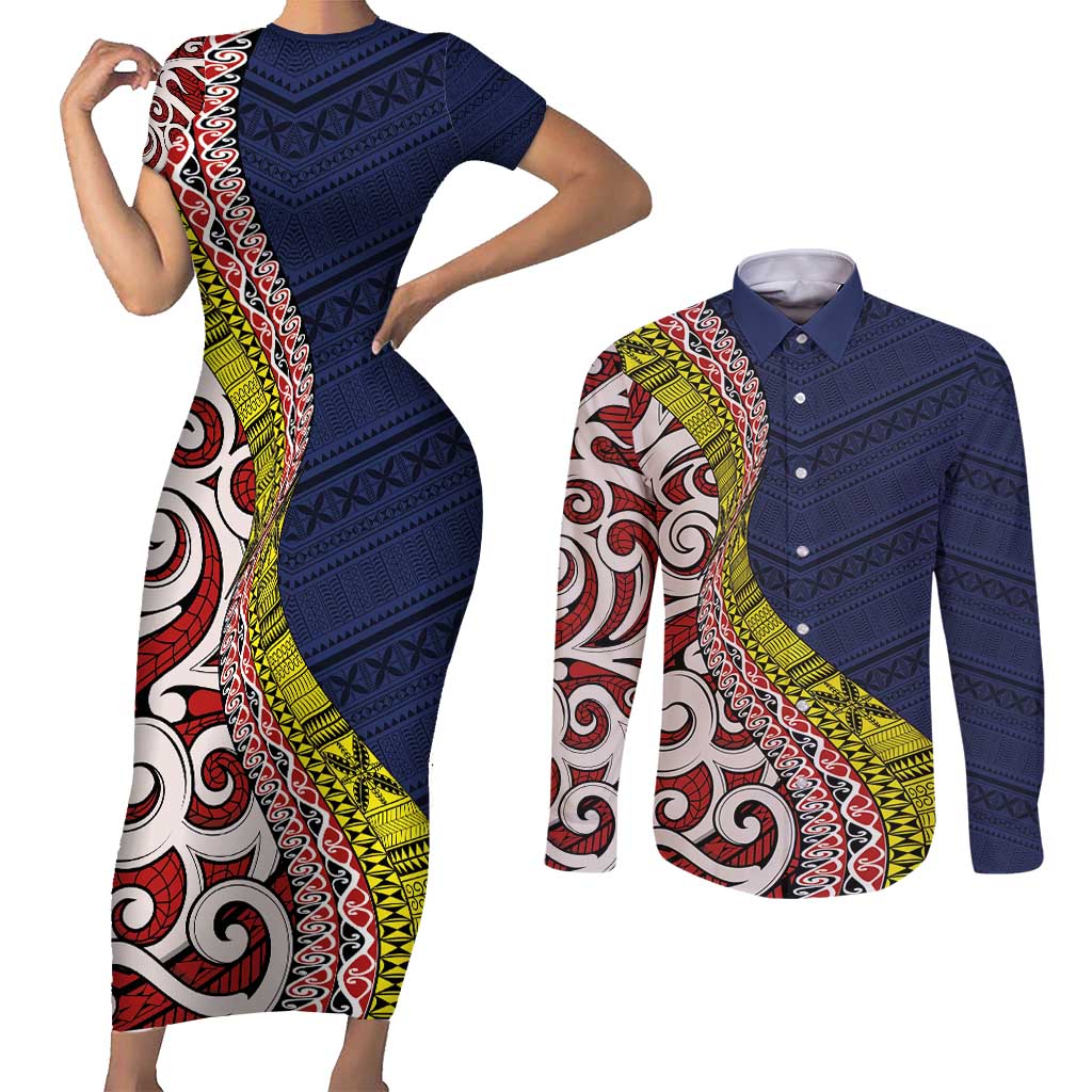Aotearoa and Niue Couples Matching Short Sleeve Bodycon Dress and Long Sleeve Button Shirt Hiapo Maori Stylized Koru LT03 Blue - Polynesian Pride