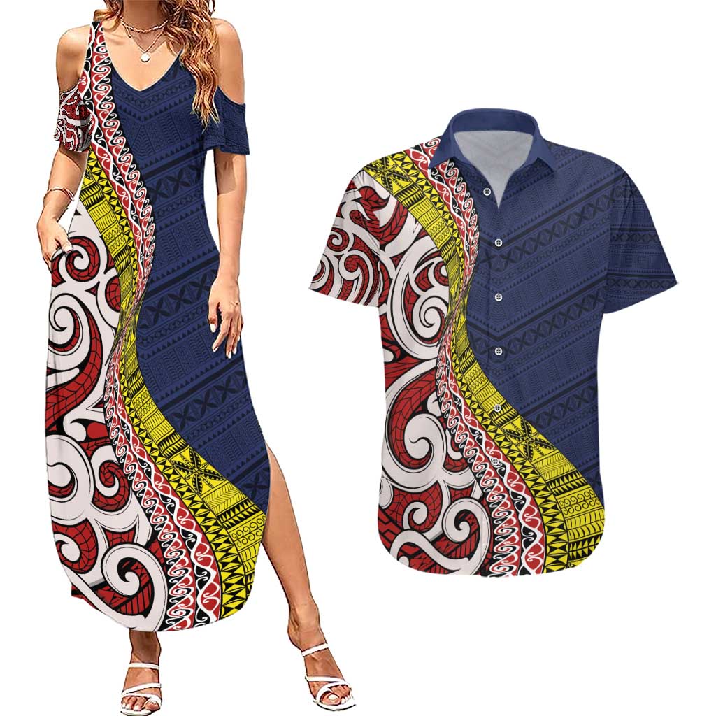 Aotearoa and Niue Couples Matching Summer Maxi Dress and Hawaiian Shirt Hiapo Maori Stylized Koru LT03 Blue - Polynesian Pride