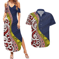 Aotearoa and Niue Couples Matching Summer Maxi Dress and Hawaiian Shirt Hiapo Maori Stylized Koru LT03 Blue - Polynesian Pride