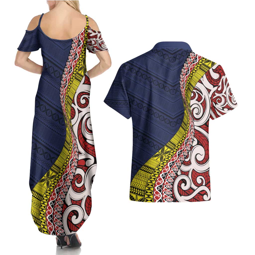 Aotearoa and Niue Couples Matching Summer Maxi Dress and Hawaiian Shirt Hiapo Maori Stylized Koru LT03 - Polynesian Pride