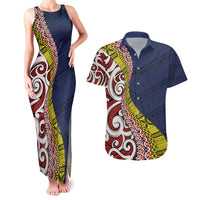 Aotearoa and Niue Couples Matching Tank Maxi Dress and Hawaiian Shirt Hiapo Maori Stylized Koru LT03 Blue - Polynesian Pride