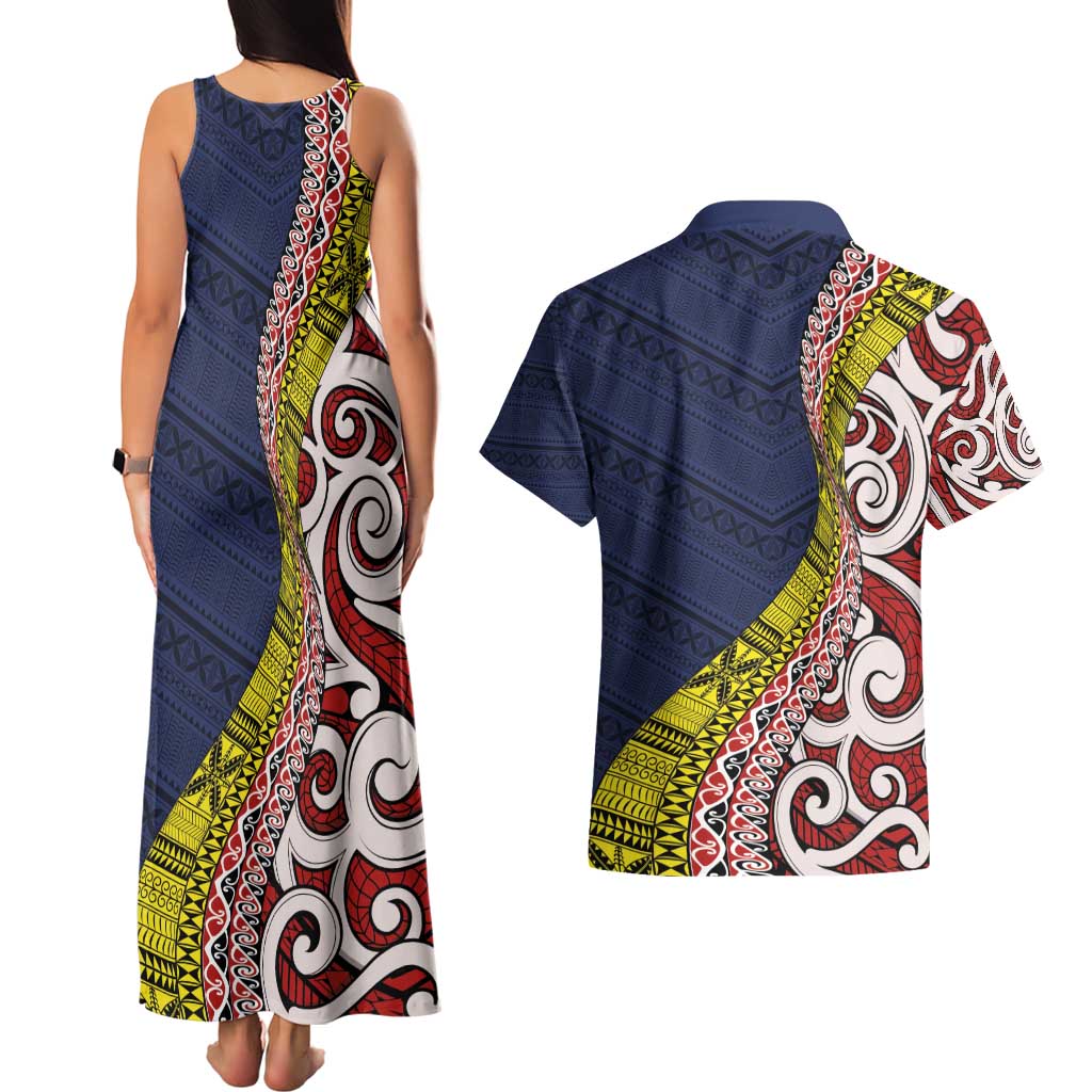 Aotearoa and Niue Couples Matching Tank Maxi Dress and Hawaiian Shirt Hiapo Maori Stylized Koru LT03 - Polynesian Pride