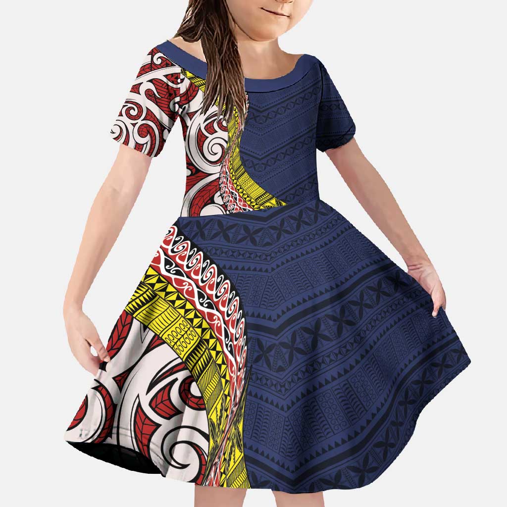 Aotearoa and Niue Family Matching Long Sleeve Bodycon Dress and Hawaiian Shirt Hiapo Maori Stylized Koru LT03 Daughter's Dress Blue - Polynesian Pride